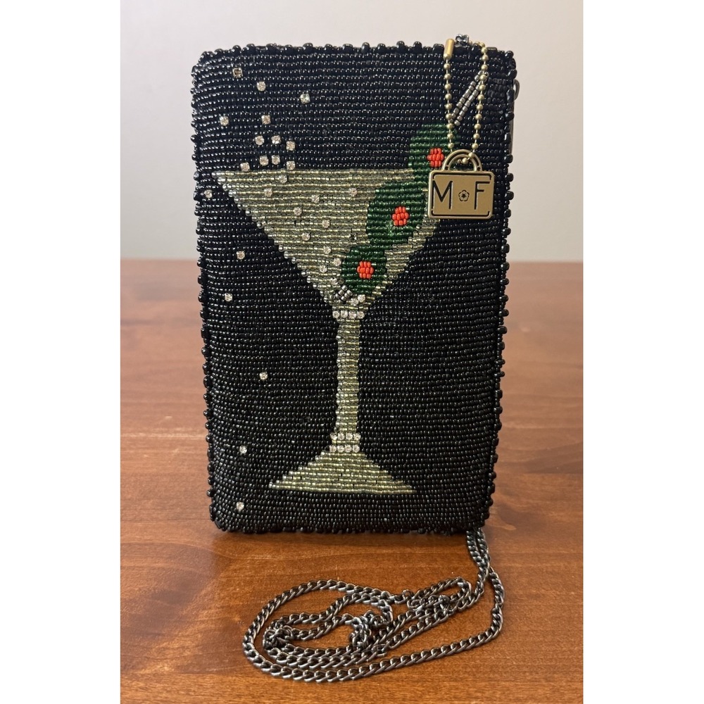 Mary Frances Crossbody Bag Womens Black Beaded Rhinestone Olive Martini Purse